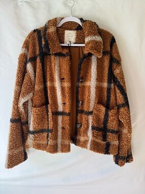Stoosh Cozy Teddy Plaid Button-Up Jacket - Brown & Black